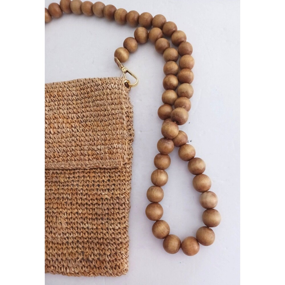 FILO Woven Straw Crossbody Flap Front Round Natural Wood Bead Strap - Picture 4 of 8